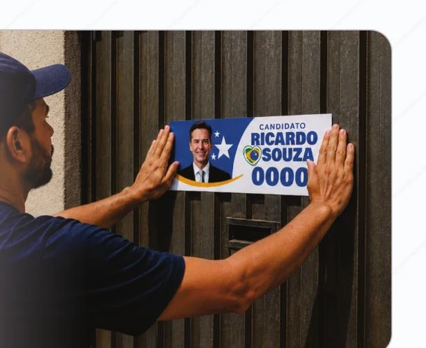 Adesivo para candidato das eleições 2026 sendo aplicado em uma parede