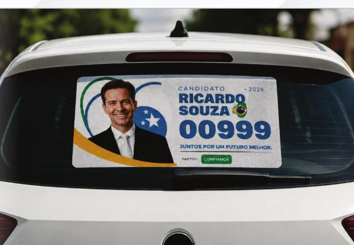 Adesivo perfurado de campanha eleitoral aplicado no vidro traseiro de um carro